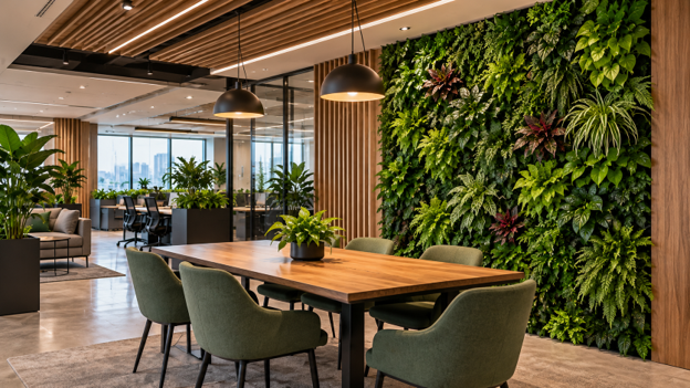 Modern office reception and feature wall with dense artificial greenery, wood detailing and warm lighting