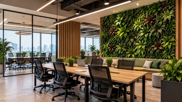 Modern office collaboration area with a large artificial green wall, meeting table, lounge seating and warm architectural lighting